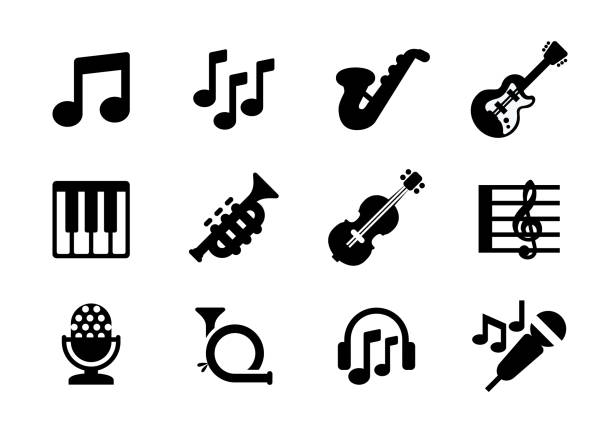 müzik aletleri vektör simgeleri ayarlayın. rüzgar, yaylı çalgılar, klavye, piyano, gitar, keman, saksafon, mikrofon izole semboller koleksiyonu - santur kanun stock illustrations