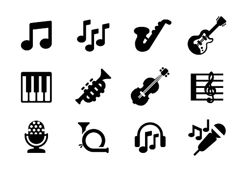 Musical instruments vector icons set. Wind, string musical instruments, keyboard, piano, guitar, violin, saxophone, microphone isolated symbols collection