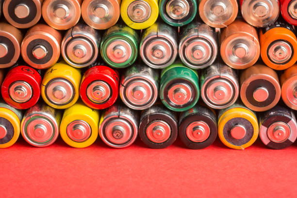 istock Stack of used batteries on a red background. 1295628746