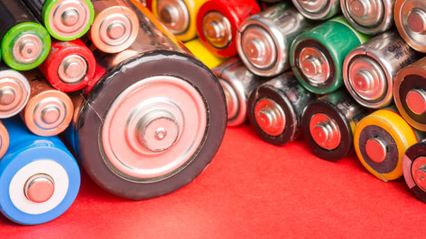 istock Batteries of different types and sizes on red background 1295628751