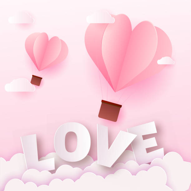 illustrazioni stock, clip art, cartoni animati e icone di tendenza di biglietto di san valentino con carta rosa amore testo e mongolfiere. vettore - text sky abstract air