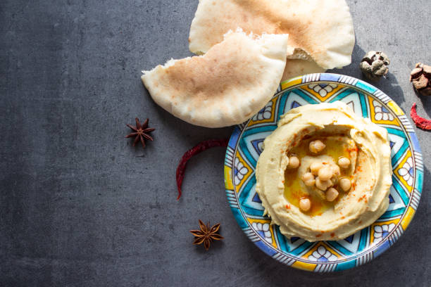 istock Hummus with pita bread. Gray background with copy space 1295630420