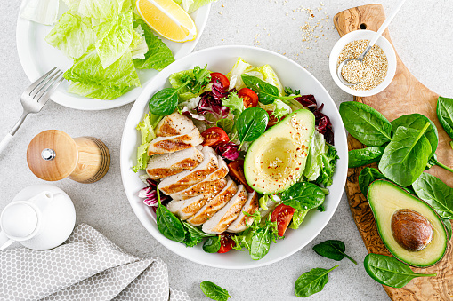 Grilled chicken meat and fresh vegetable salad of tomato, avocado, lettuce and spinach. Healthy and detox food concept. Ketogenic diet. Buddha bowl dish on white background, top view