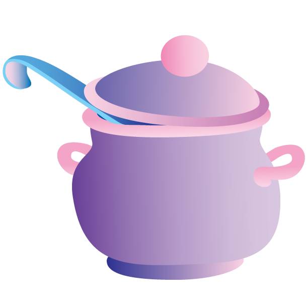 istock purple saucepan with ladle, cartoon illustration, isolated object on white background, vector, 1295634443