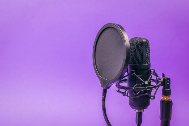 istock Modern condenser microphone on a stand on a purple background. 1295635781