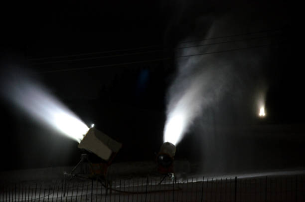 air, aircraft, area, artificial, artillery, background, battery, cannon, check, cold, control, cover, dark, electric, electricity, falling, fog, formation, freeze, ice, jet, light, mist, mobile, navigation, night, nozzle, preparation, prepare, raid, rain, reflektor, shine, ski, sky, slope, snow, snowfall, snowflake, sport, spotlight, stream, three, turbine, up, water, weather, wire