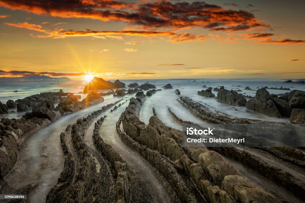 Sunset at barrika coast, Basque Country Viwe at dawn from Barrika beach, in Vicaia province. Spanish Basque Country Stock Photo