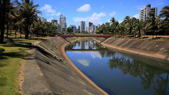 salvador, bahia, brazil - january 6, 2021: view of the Rio Camurugipe canal in the city of Salvador. The river receives sewage water and is thrown at Pituba Beach.