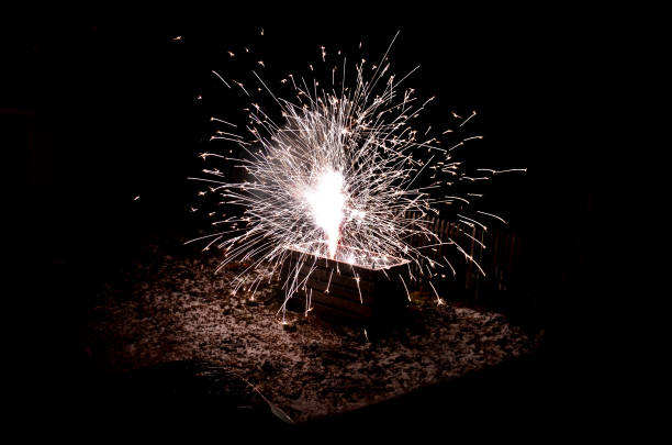 istock night explosion crates full of explosive pyrotechnics. white shrub shaped white orange fireball with lots of hot shards. Cluster bombs in a shipping crate, bullets burning flame 1295640138