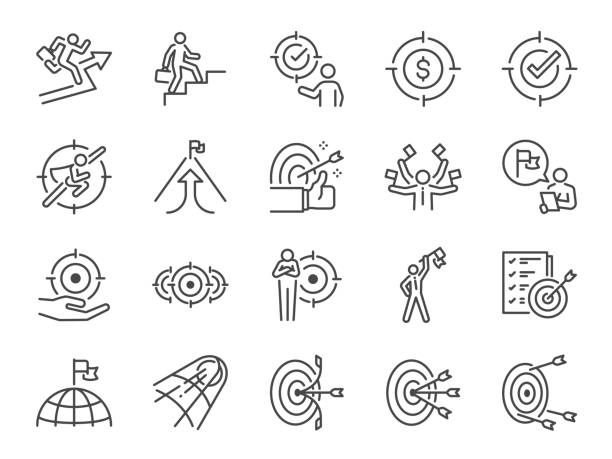 Target and Goal line icon set. Included the icons as achievement, business goal, mission, marketing, and more. Target and Goal line icon set. Included the icons as achievement, business goal, mission, marketing, and more. focus stock illustrations