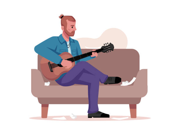 ミュージシャンはギターを演奏し、楽器でソファに座って音楽孤立ギタリストを書きます。アコースティック弦ギター、息子を作曲または歌う、バンドプレーヤーを持つベクトルフラット漫� - musical instrument string illustrations点のイラスト素材／クリップアート素材／マンガ素材／アイコン素材