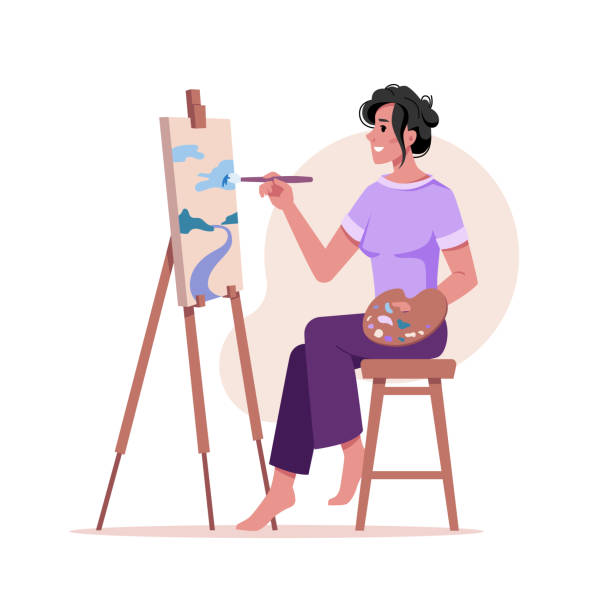 Artist paints picture at easel isolated woman with brush drawing on tripod at paper isolated flat cartoon character. Vector art painter draw on canvas by paintbrush, palette in hands, artwork creation Artist paints picture at easel isolated woman with brush drawing on tripod at paper isolated flat cartoon character. Vector art painter draw on canvas by paintbrush, palette in hands, artwork creation artists painted stock illustrations