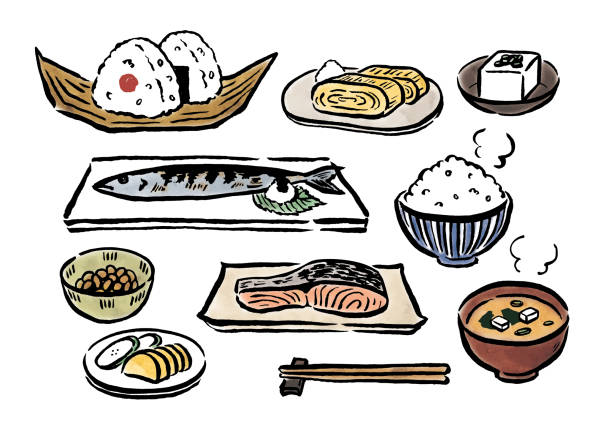 ilustraciones, imágenes clip art, dibujos animados e iconos de stock de alimentos japoneses por un cepillo de acuarela - chopsticks rest kitchen utensil dishware horizontal