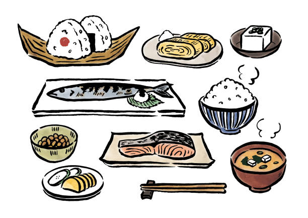 Japanese foods by a brush watercolor Japanese foods by a brush watercolor natto stock illustrations