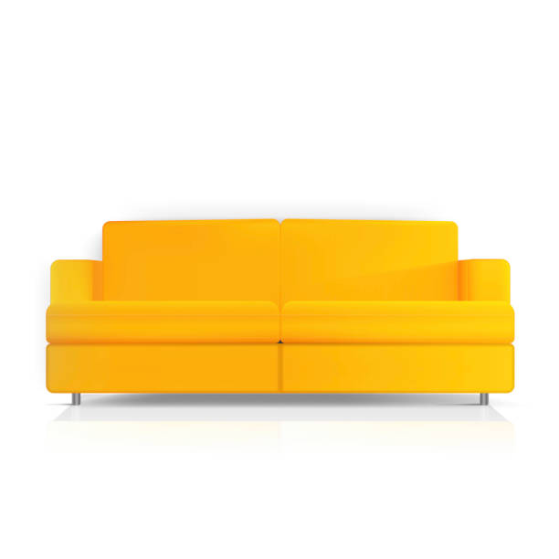 사실적인 벡터 소파. 흰색 배경에 고립 된 노란색 소파. 인테리어 디자인요소. - couch stock illustrations