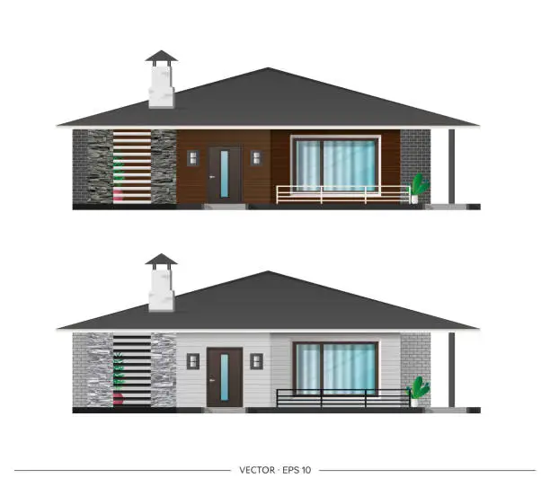 Vector illustration of Set of Modern houses, cottage, town house with shadows. Architectural visualization of the cottage outside. Realistic vector illustration.