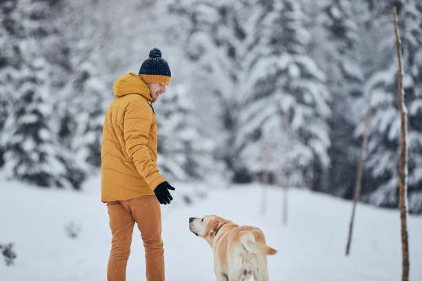 istock Cheerful young man with dog in winter 1295647982