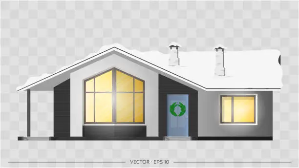 Vector illustration of Modern house for winter design. Cottage, town house. Architectural visualization of the cottage outside. Roof in the snow. Realistic vector illustration.