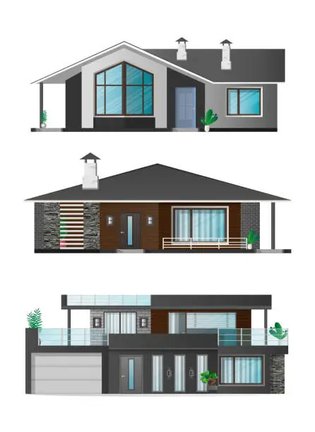 Vector illustration of Set of Modern houses, cottage, town house with shadows. Architectural visualization of the cottage outside. Realistic vector illustration.