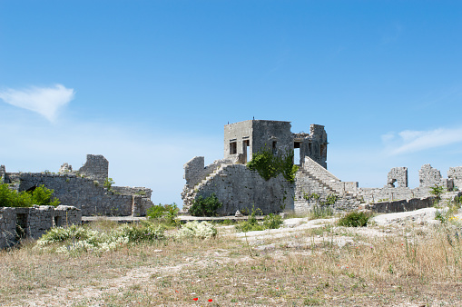 Medieval ruins of St Michel fortress on the hill above the town Preko, island Ugljan, Croatia