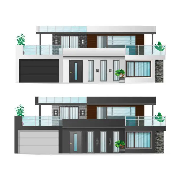 Vector illustration of Set of Modern houses, cottage, town house with shadows. Architectural visualization of the cottage outside. Realistic vector illustration.