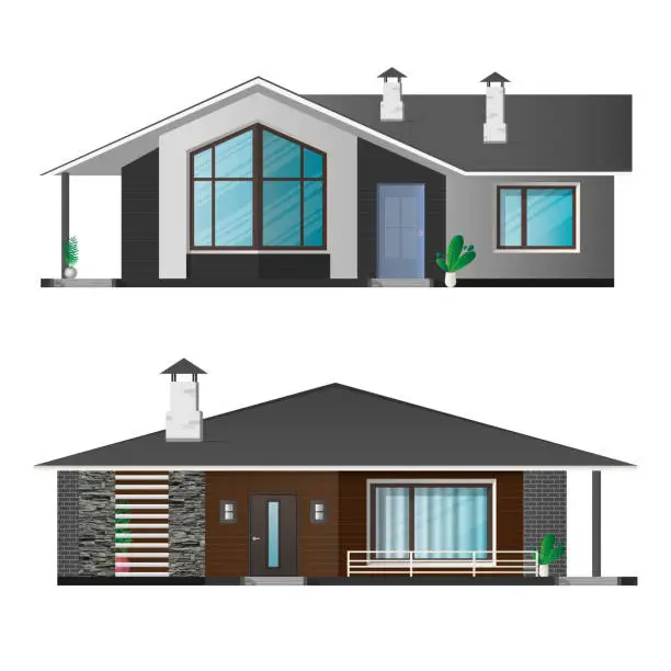 Vector illustration of Set of Modern houses, cottage, town house with shadows. Architectural visualization of the cottage outside. Realistic vector illustration.