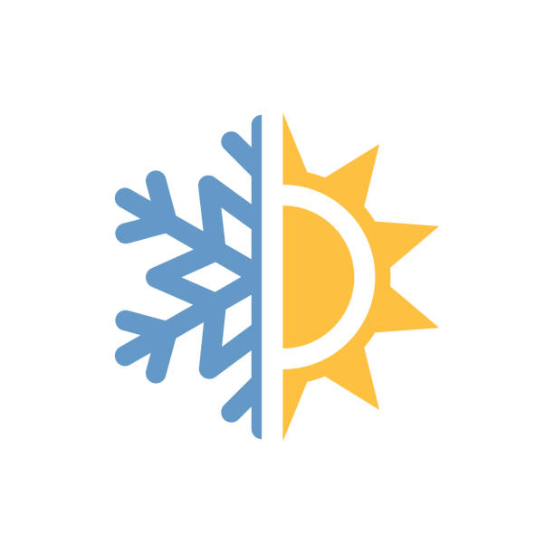 Half sun and snowflake colorful vector icon Weather forecast symbol halved stock illustrations