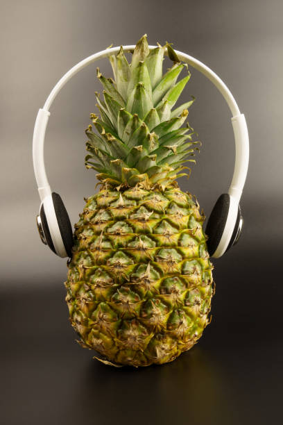 istock Pineapple with headphones, on a gray background with copy space. 1295650262