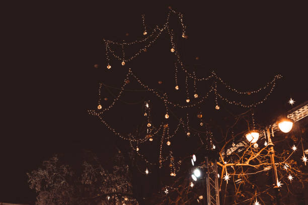istock Christmas decorations on trees on the street garlands glow flashing 1295653948