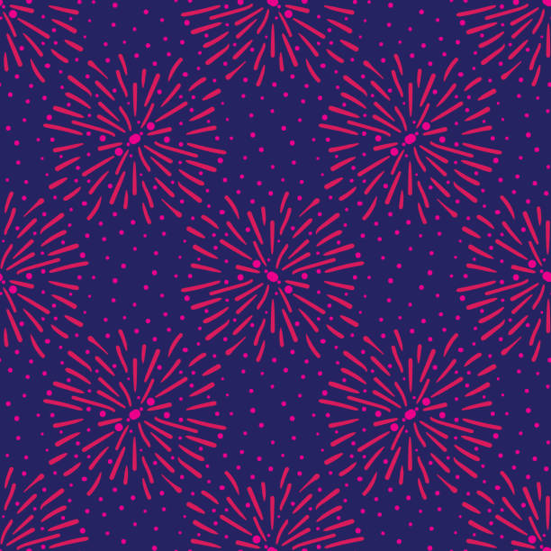 ilustrações de stock, clip art, desenhos animados e ícones de pink fireworks on blue sky seamless vector pattern - independence spark fire flame