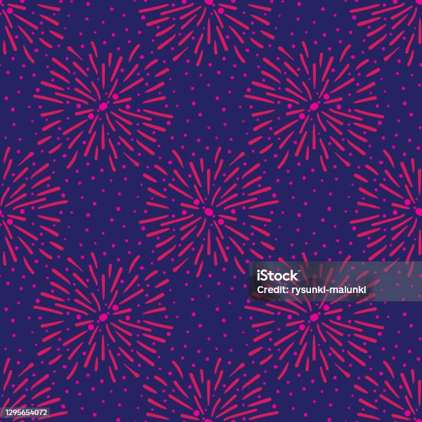 Pink Fire Works Pattern Pink Fireworks On Blue Sky Seamless Vector Pattern Stock Illustration ...
