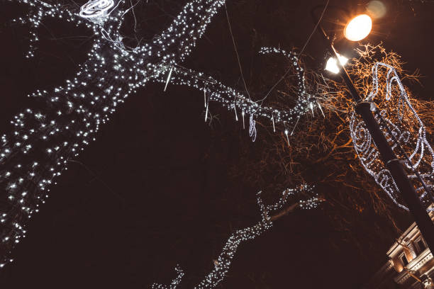 istock Christmas decorations on trees on the street garlands glow flashing 1295654519