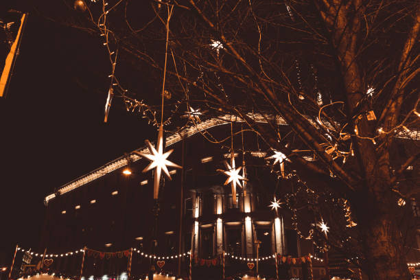 Christmas decorations on trees on the street garlands glow flashing new year