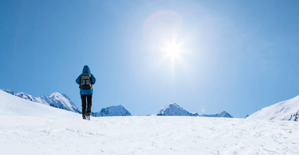 istock Person in blue jacket walks in the snow 1295655277