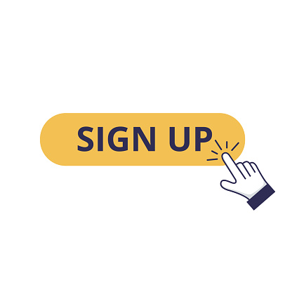 Online sign up, click on the registration button and lead conversion process. Hand pushing the CTA button, enrolling by invitation. Flat line vector illustration on white.