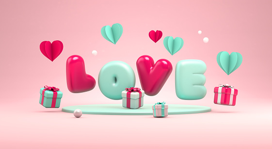 Happy valentines day greeting banner template with the word love in 3D rendering. Paper hearts and gifts, minimal 3D illustration, Valentine's day concept background