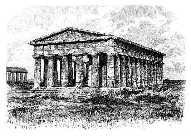파에스툼의 포세이돈 사원 - greek culture italian culture architecture colonnade stock illustrations