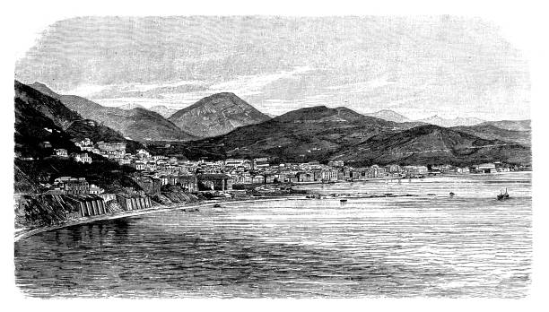 ilustrações, clipart, desenhos animados e ícones de salerno é uma antiga cidade da campânia e é a capital da província homônima. - illustration and painting beach engraved image engraving