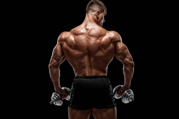 muskulöser mann zeigt rückenmuskulatur, isoliert auf schwarzem hintergrund. starke männliche rückansicht - back rear view men muscular build stock-fotos und bilder