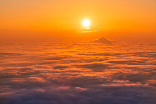 Beautiful sunset sky above clouds, dramatic sunset sky. Nature background, aerial view.