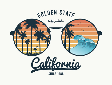 California t-shirt design with color sunglasses with palm trees silhouette, flamingo and waves. Sun glasses print for tee shirt with slogan, tropical palms and beach reflection. Vector illustration.