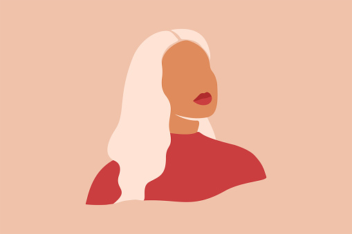 Silhouette of woman with blonde hair. Abstract female with white skin portrait. Vector illustration in paper cut mosaic style.