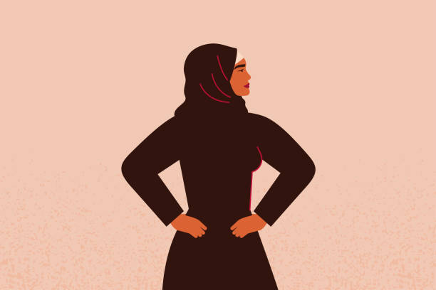 Young strong muslim female with hands on her hips looks forward. Confident Arabian Businesswoman or entrepreneur in abaya. Young strong muslim female with hands on her hips looks forward. Confident Arabian Businesswoman or entrepreneur in abaya. Concept of gender equality and of the female empowerment movement. entrepreneur silhouettes stock illustrations