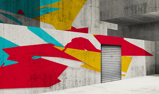 Abstract concrete interior background, gray walls with metal door and colorful graffiti, 3d rendering illustration