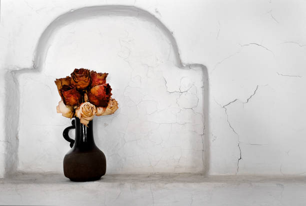 dry roses in a ceramic vase in the wall niche