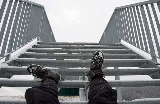 architecture, boots, bridge, broken, bruise, construction, cost, covered, deformation, down, fabric, fall, footbridge, frosted, galvanized, glide, gray, hiking, hospital, industrial, injury, insurance, landscape, leather, leg, lookout, man, mesh, metal, mountain, observatory, perforated, person, platform, railing, ramp, senior, slip, snow, staircase, stairway, steel, stunt, tourism, tourist, tower, transparent, view, winter, zinc