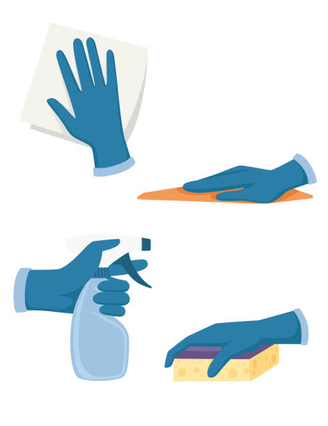 Set of hand in gloves use cleaning tools spray bottle foam rubber sponge and washcloth flat vector illustration isolated on white background Set of hand in gloves use cleaning tools spray bottle foam rubber sponge and washcloth flat vector illustration isolated on white background. washcloth stock illustrations
