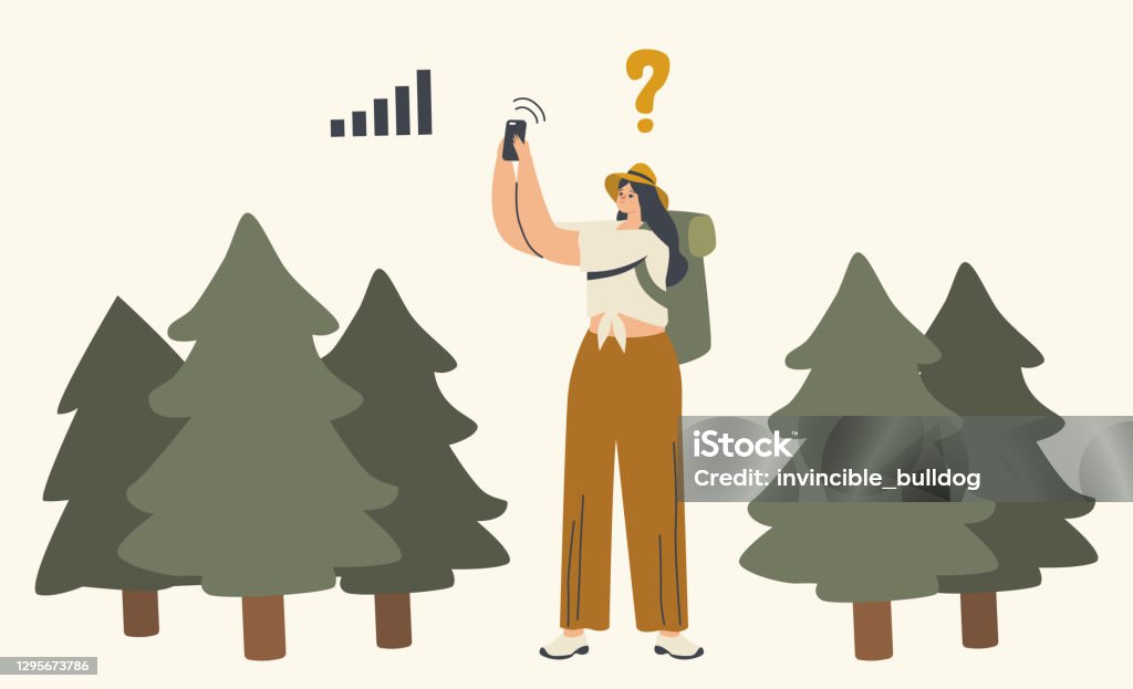 Vrouwelijk karakter verdwalen in het bos. Vrouw die richting zoekt gebruikend de Navigatie van de SmartphoneSatelliet. Outdoor Avontuur - Royalty-free Satelliet vectorkunst