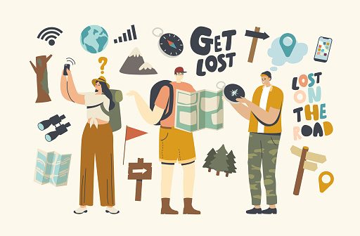 Lost In Direction Characters Get Lost In Forest People Searching Direction Using Map ...