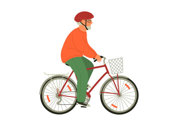 ilustraciones, imágenes clip art, dibujos animados e iconos de stock de hombre mayor en bicicleta de casco - bicycle isolated white background cycling